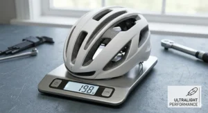 A lightweight road cycling helmet on a digital scale displaying its ultralight weight in grams.
