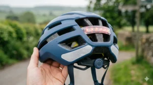 Rear view of a dark blue urban commuter cycling helmet under £150, showcasing an integrated red LED safety light, reflective silver panels, and an adjustable fit dial.