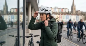 A female cyclist adjusting her white road cycling helmet for commuting equipped with a detachable peak visor.