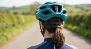 An adjustable ladies' road cycling helmet in teal, showing how the micro-dial fit system lowers to make space for a low ponytail.