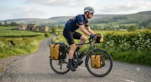 A cyclist touring the UK countryside with panniers, wearing high quality padded cycling shorts for long distance comfort.