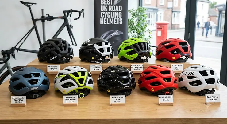 A selection of the best budget-friendly road cycling helmets under £100 available on the UK market, displayed against a clean background.