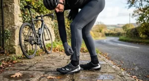 Ankle zippers on a pair of dark grey cycling bib tights for easy changing before and after a ride.