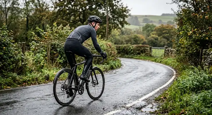 A cyclist wearing mens cycling bib tights in black riding on a wet country road in the UK.