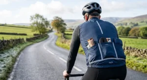 Rear view illustration of a cycling gilet with deep cargo pockets storing ride essentials