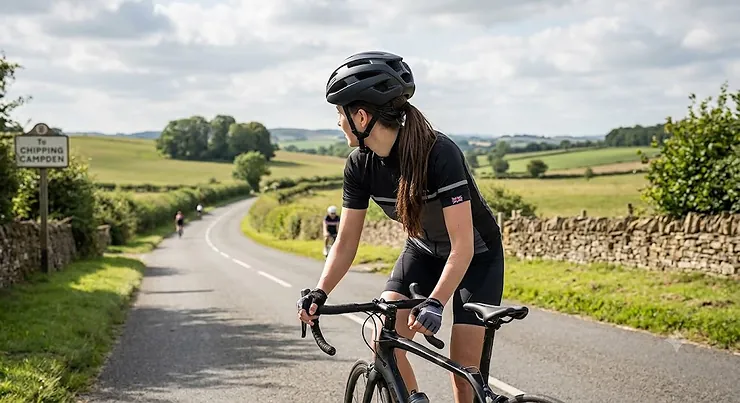 A female cyclist in the UK countryside wearing a black road bike helmet with her ponytail pulled neatly through the rear adjustment basket.