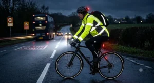 High-visibility winter cycling jacket with reflective elements for safety on dark UK roads.