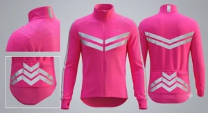 Fluorescent pink winter cycling jersey with reflective details for safety on dark UK roads.