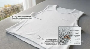 Ultra-lightweight merino wool summer cycling base layer highlighting natural temperature control and odour resistance.