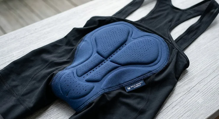 Close-up of the breathable multi-density chamois pad inside a pair of men's bib shorts.