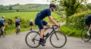 A male road cyclist wearing navy blue men's bib shorts and a matching jersey during a summer club ride.