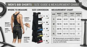 An illustrative size guide and measurement chart for finding the perfect fit for men's bib shorts.