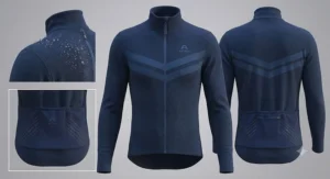 Close-up of a stylish navy blue men’s winter cycling jersey with a full-length zip and high collar.