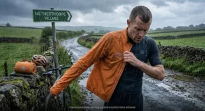 Cyclist putting on a packable cycling jacket during an unexpected downpour on a UK country lane.