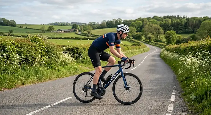 A male cyclist riding a road bike on a country lane wearing black mens padded cycling shorts.