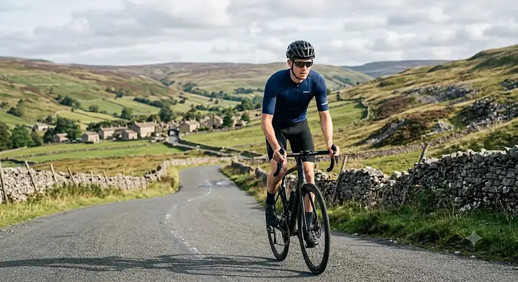 A man wearing a navy blue short sleeve cycling jersey riding a road bike through the Yorkshire Dales.