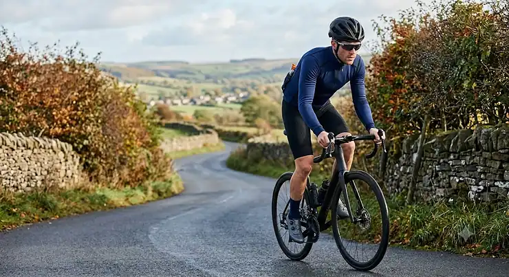 Man wearing a navy blue men's thermal long sleeve cycling jersey with rear pockets while riding a road bike on a country lane.