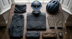 Flat lay illustration of a men's long-sleeved winter cycling base layer and cold-weather riding gear.