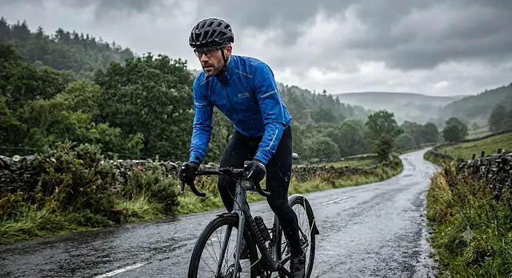 Cyclist riding through British rain wearing a men's waterproof cycling jacket