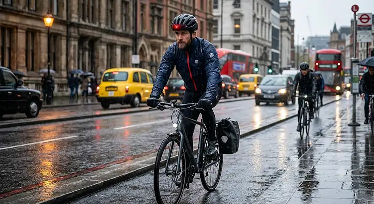 A cyclist commuting in British rain wearing a waterproof winter cycling jacket with taped seams.