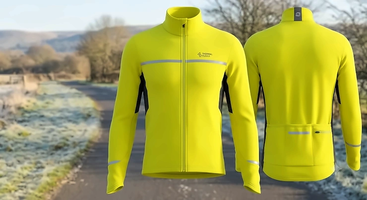 Men’s thermal fleece winter cycling jersey in high-visibility yellow for cold weather riding.