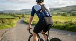 Rear view illustration of premium padded cycling bib shorts showing the mesh straps and ergonomic panel construction.