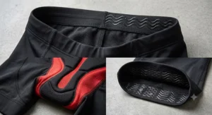 Close up detail of the elastic waistband and anti slip silicone leg grippers on a pair of padded cycling shorts.