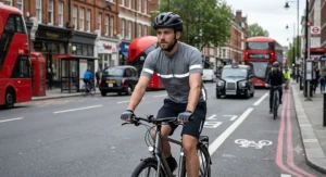 An urban commuter wearing a grey short sleeve cycling jersey with reflective strips for visibility on city streets.