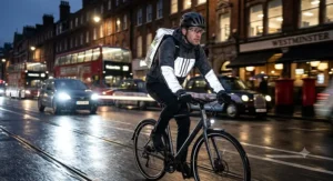 City commuter riding at night in a reflective waterproof cycling jacket