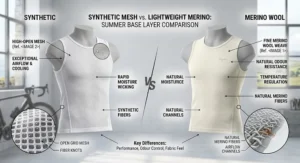 Comparison illustration between synthetic technical mesh and lightweight merino wool summer cycling base layers.