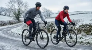 Thermal cycling bib tights with fleece lining designed to keep British cyclists warm during winter rides.