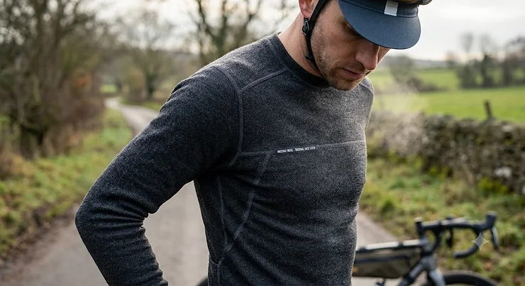 Men's long sleeved thermal merino wool winter cycling base layer for cold road rides in the UK.