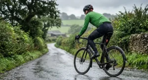 Waterproof cycling bib tights featuring windproof panels and water repellent coating for damp UK weather.