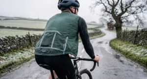 Waterproof cycling gilet with taped seams designed for riding in rainy British weather