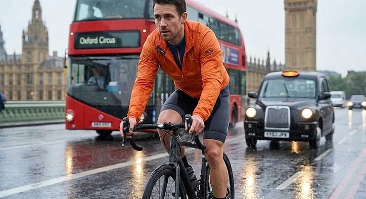 Illustration of a commuter wearing a waterproof packable cycling jacket during a heavy rain shower in London.