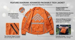 Diagram showing key features of a windproof packable cycling jacket, including taped seams and zipped pockets.