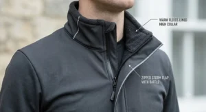Close-up diagram showing the high fleece collar and zipped storm flap on a winter cycling jacket.