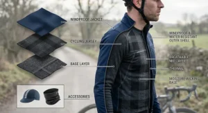 Diagram showing how a winter cycling base layer fits under a cycling jersey and windproof jacket.