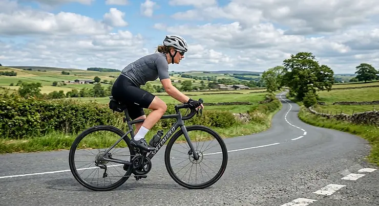 A cyclist wearing classic black women's bib shorts on a road ride through the British countryside.