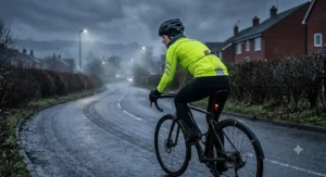 A high-visibility fluorescent yellow women's cycling jersey with reflective strips for dark UK morning commutes.