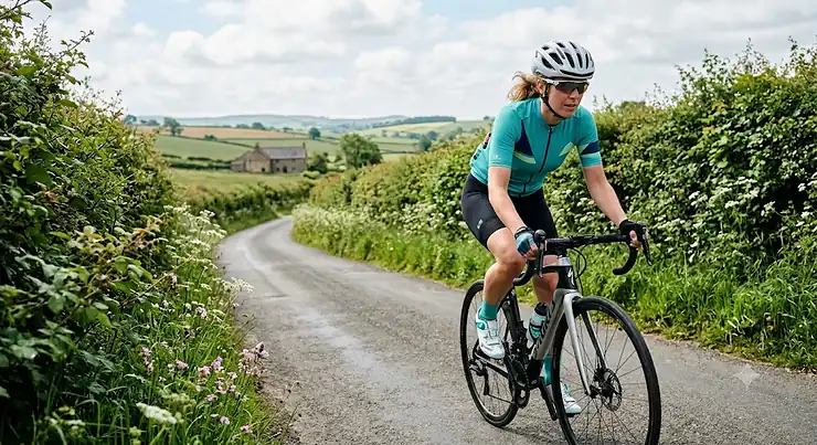 A woman cyclist riding on a UK country lane wearing a breathable short sleeve women's cycling jersey in teal.