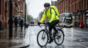 Female commuter wearing a high-visibility women's waterproof cycling jacket
