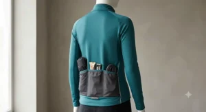 Teal women's insulated long sleeve cycling jersey with deep triple rear pockets for storing winter ride essentials.