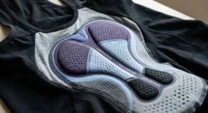 Close-up of the premium padded chamois inside a pair of women's bib shorts for long-distance comfort.