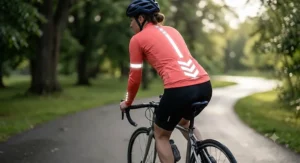 A coral-coloured women's reflective long sleeve cycling jersey featuring high-visibility detailing on the sleeves and lower back.