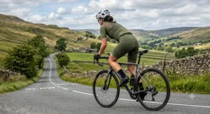 A female cyclist riding a road bike uphill in Yorkshire wearing olive green women's bib shorts.