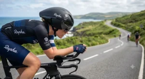 Side profile of a female rider wearing an aerodynamic black women's road cycling helmet during a time trial.