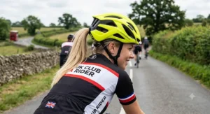 A UK club cyclist during a weekend road ride wearing a high-visibility yellow women's road cycling helmet that perfectly fits her ponytail.