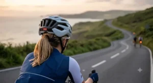 Rear view of a cyclist wearing a women's road cycling helmet with an adjustable hairport fit system for ponytails.
