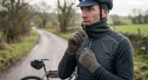 High collar zip neck winter cycling base layer designed to retain warmth on frosty morning rides.